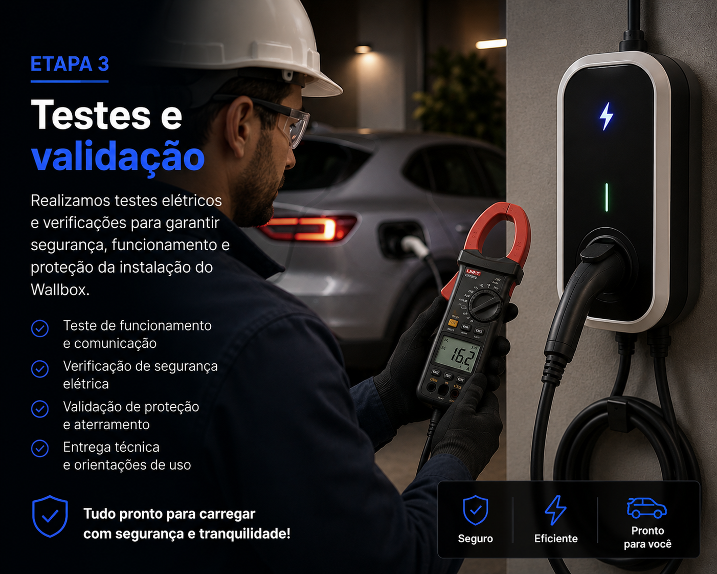 Técnico realizando testes elétricos e validação da instalação de Wallbox residencial.