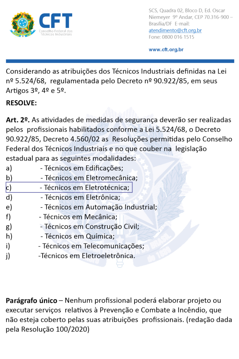 Trecho da Resolução CFT nº 086/2019 destacando Técnicos em Eletrotécnica entre os profissionais habilitados para atuação em prevenção e combate a incêndio perante o Corpo de Bombeiros.